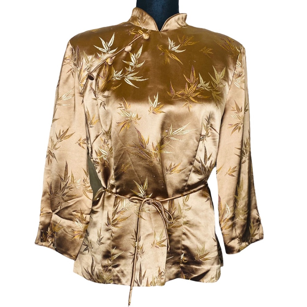 Jessica Howard Vintage 90s Robe Kimono Satin Top Jacket Faux Wrap Gold Sz Large - Picture 9 of 13